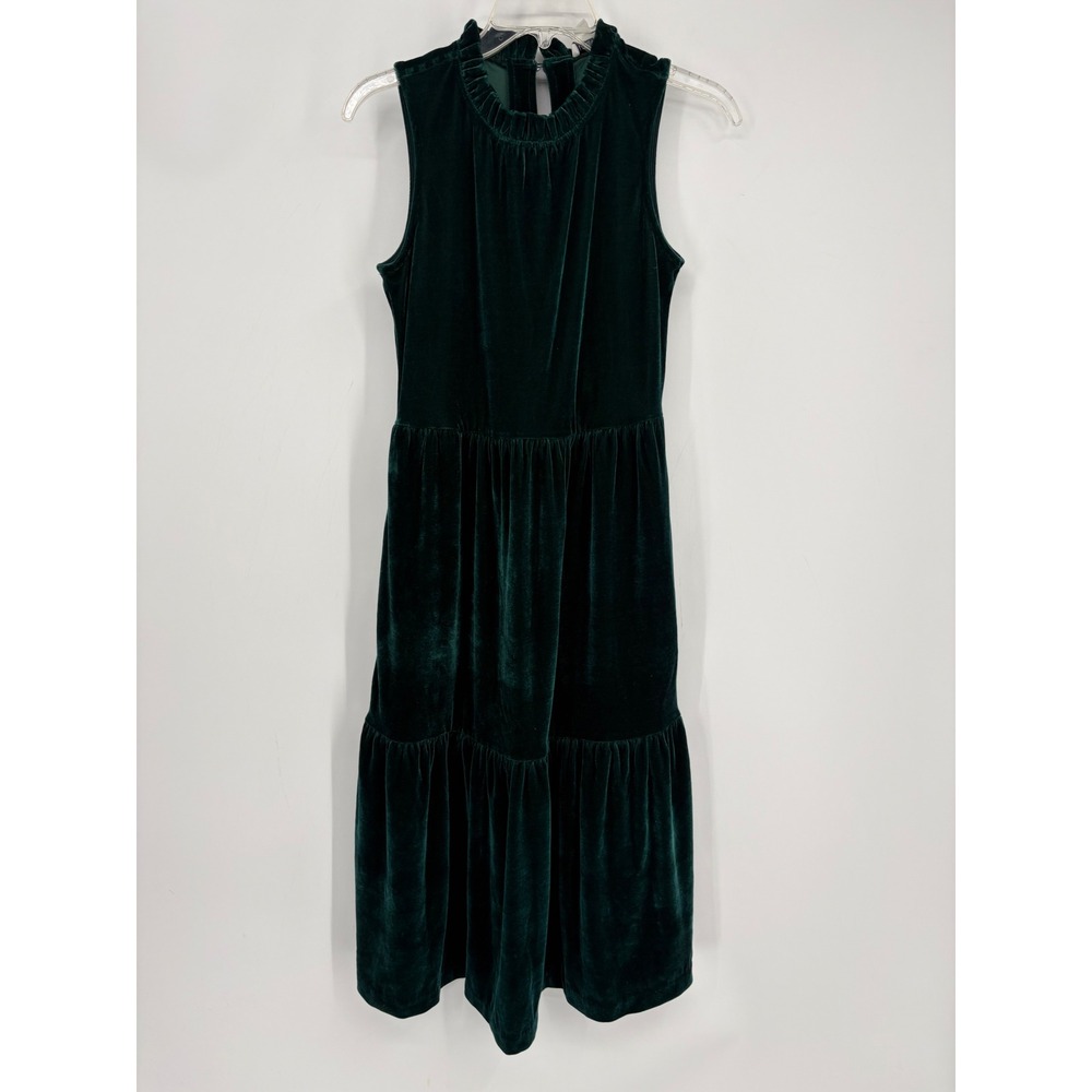 J.Crew Dress Womens 0 Green Velvet Tiered Ruffle Neck Sleeveless Midi Pockets